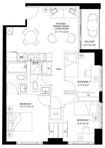 Floor plan for 3 beds, 2 baths, 738 sqft